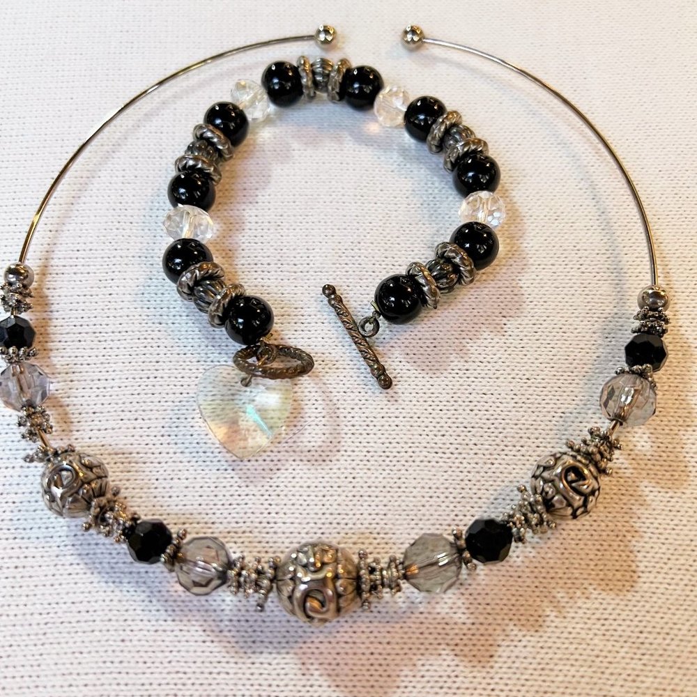 Crystal and Silver Metal Beads Necklace, Dangle Heart Bracelet, 2 Beautiful Pcs
